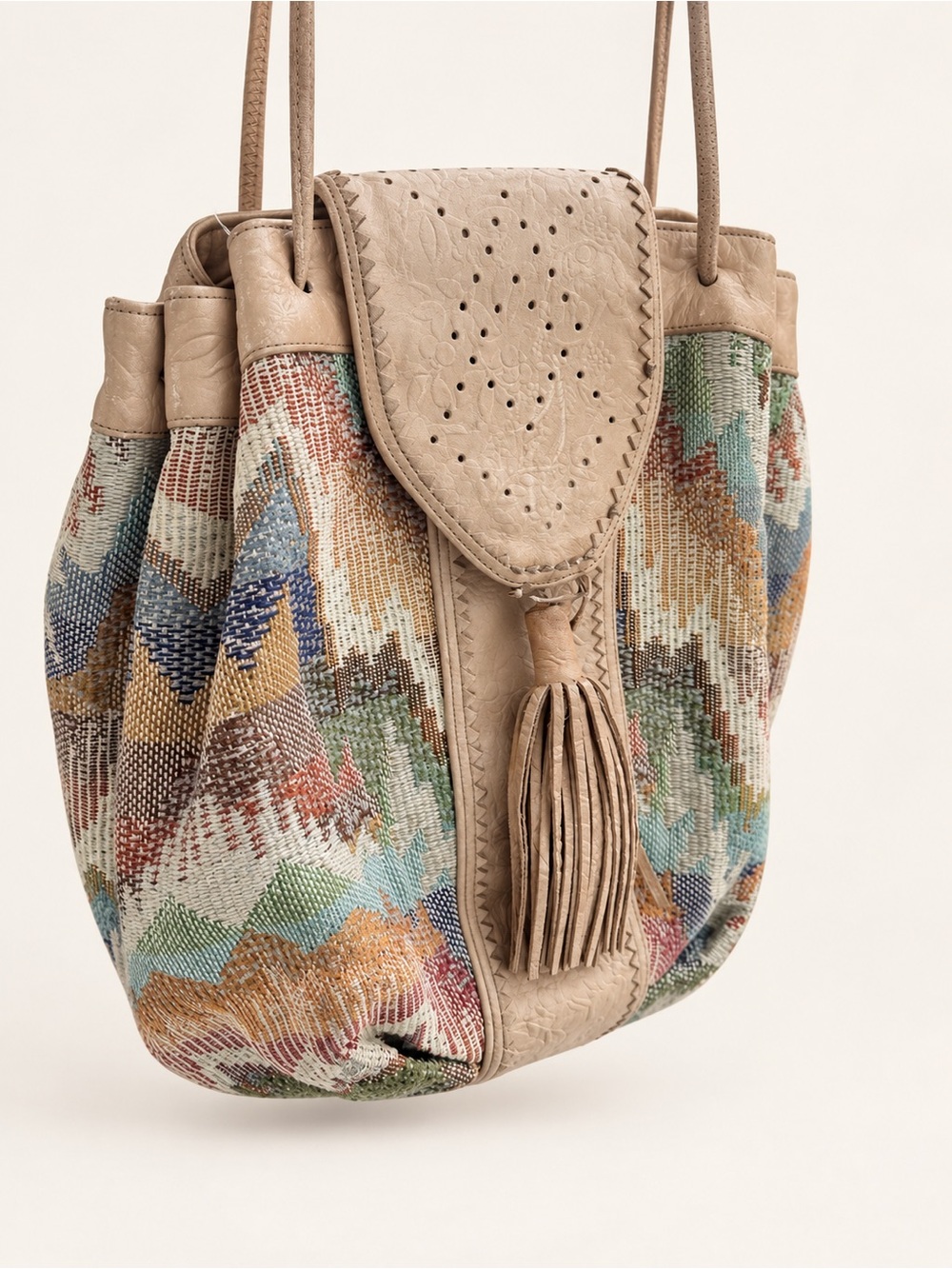 Vintage 80’s Sharif Boho Tassel Drawstring Bucket Bag in Beige Multi Carpet Bag